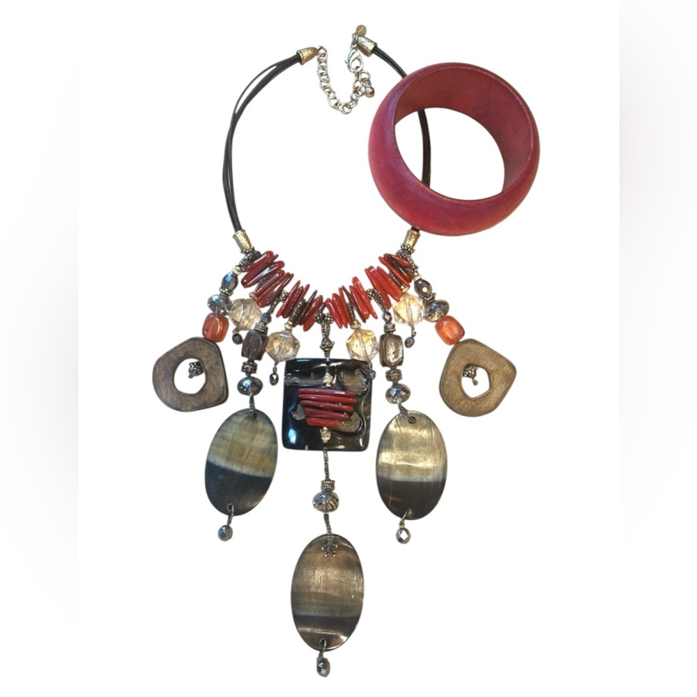 CHICOS vintage Statement necklace and wood bangle bracelet, both included.